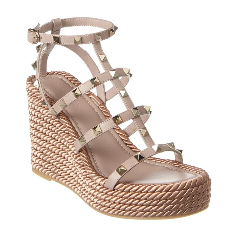 Valentino Rockstud 95 Leather Wedge Sandal, Pink